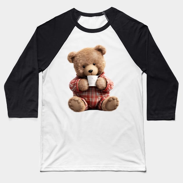 Adorable Teddy Bear Drinking Coffee Early in the Morning Baseball T-Shirt by Cuteopia Gallery